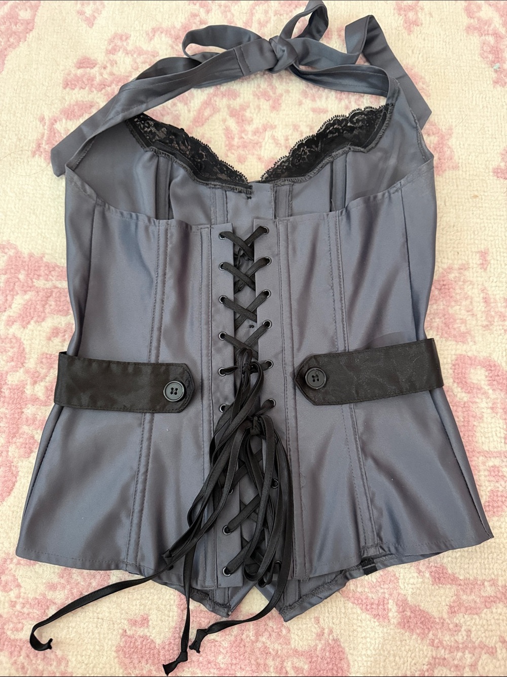 Frederick's of Hollywood Charcoal Satin Corset Top with Lace-Up Front - Picture 3 of 4